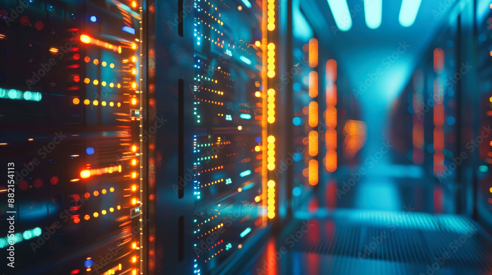 Poster data center with a row of computer servers. abstract generic concept of cyberspace, communication an