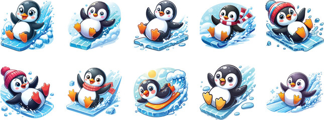 Penguin Sliding on Ice vector illustration isolated on white background, bright colorful , cartoon style
