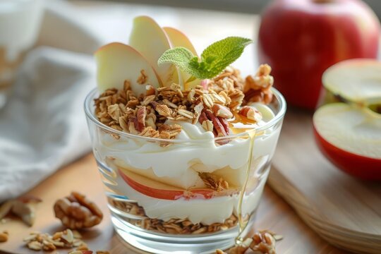 A parfait made with Greek yogurt, whole grain granola, and a drizzle of honey, topped with fresh apple slices and nuts, makes for a healthy and delicious dessert