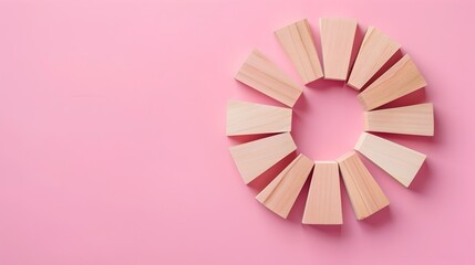 Obraz premium Wooden Blocks with Circular Graph on Pink Background Showing Market Share and Business Analysis