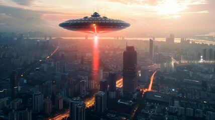 UFO, flight, levitation, fantasy, field, city, attack, beam, laser, aliens, invasion,