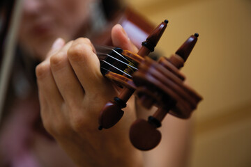 close up of a person playing the violin. Dettaglio di mano di donna che suona violino