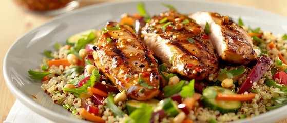 Chicken breast, marinated and grilled, served alongside a quinoa and vegetable stirfry, provides a proteinpacked dinner option