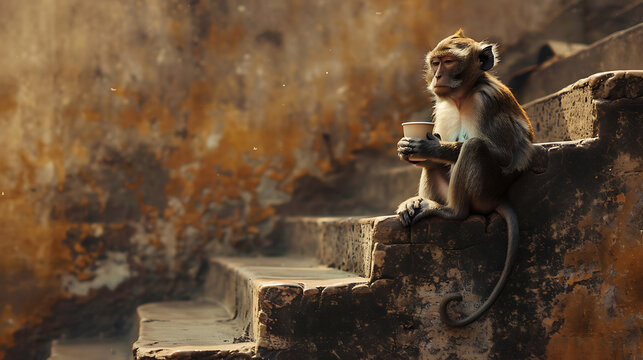 A small monkey seated on steps with coffee, appearing weary on a Monday morning, reflecting relatable human fatigue and the need for caffeine to start the week