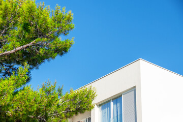 Mediterranean Villa Facade with Lush Pine Tree under Clear Blue Sky, Blending Modern and Natural Elements in Architectural Photography