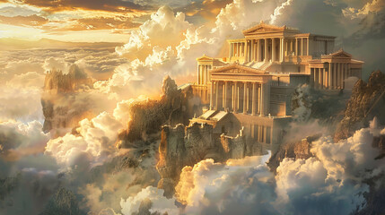 Mount Olympus, the magnificent house of the greek gods, surrounded by clouds