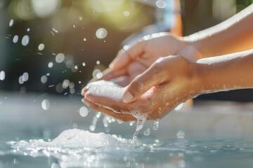 Fototapeta premium Woman washing hands under water tap, Liquid antibacterial soap and foam, Close up of female hand