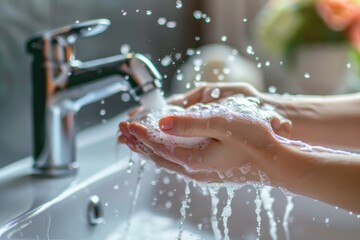 Fototapeta premium Woman washing hands under water tap, Liquid antibacterial soap and foam, Close up of female hand