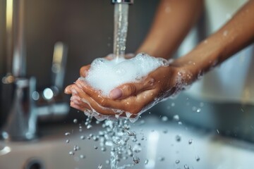 Fototapeta premium Woman washing hands under water tap, Liquid antibacterial soap and foam, Close up of female hand