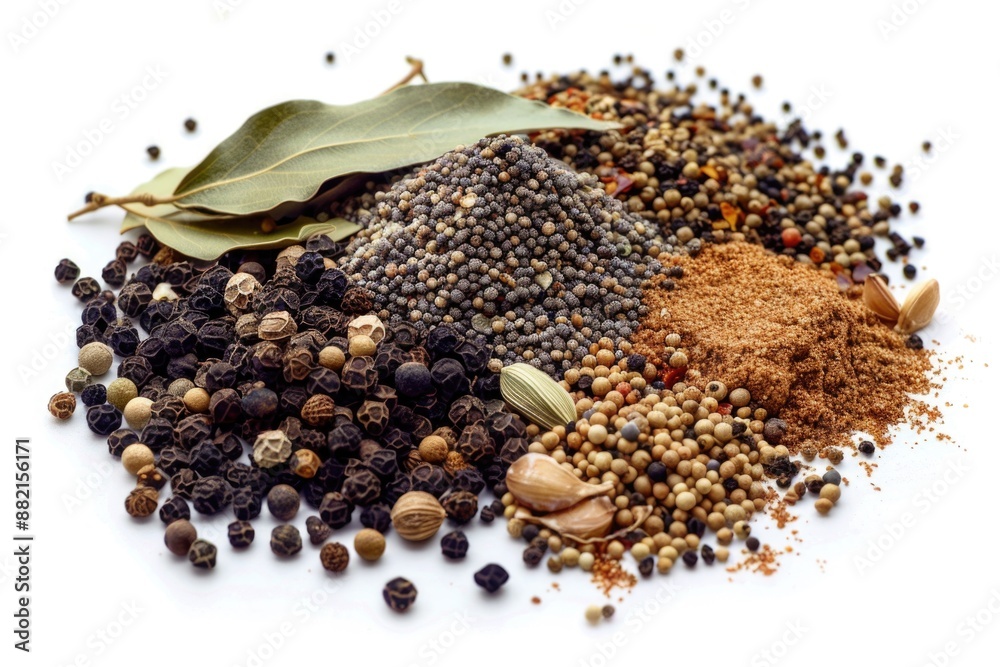 Poster A collection of dried herbs and spices arranged on a white surface, ideal for use in recipes or as a decorative piece