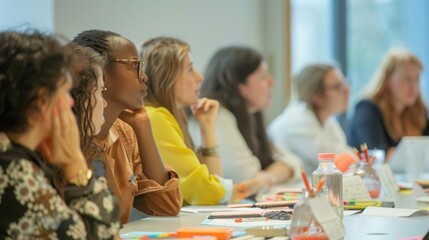 Obraz premium Corporate training session on cultural diversity featuring close-up on educational materials and engaged participants emphasizing the importance of inclusivity and multicultural understanding