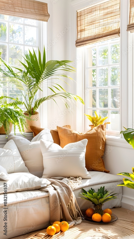 Poster cozy reading nook accented with tropical pomelo pillow patterns and lush greenery