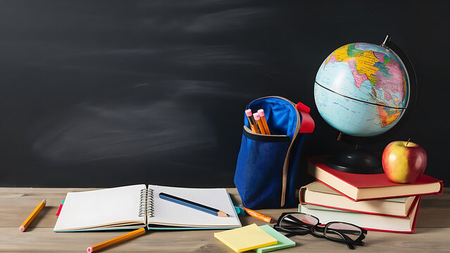 Back to school concept.Apple on stack of books,blank chalkboard,alarm clock and some school supplies.