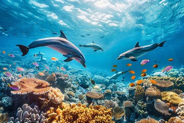 Fototapeta premium A stunning underwater view featuring a school of dolphins swimming gracefully, surrounded by coral reefs and tropical fish
