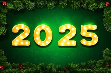 Numbers 2025 from glowing garlands, green background . New Year Christmas