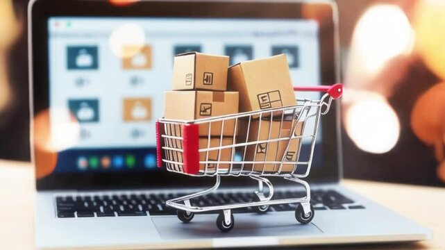 A Cherry Red Miniature Shopping Cart Filled with Securely Taped Brown Cardboard Boxes Placed Strategically Across a Modern Laptop Keyboard with Chiclet Keys: Showcasing the Efficiency and Simplicity o