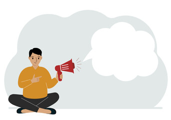 A man with a mouthpiece in his hand sits cross-legged. From loudspeaker bubbles to accommodate text. Vector flat illustration