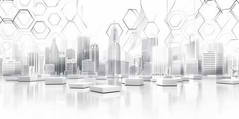 Abstract background with city skyline silhouette and technological white hexagonal elements on a light backdrop, clear lines.