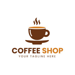 Minimalist Brown and Orange Coffee Cup Logo with Saucer on White Background
