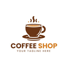 Minimalist Brown and Orange Coffee Cup Logo with Saucer on White Background