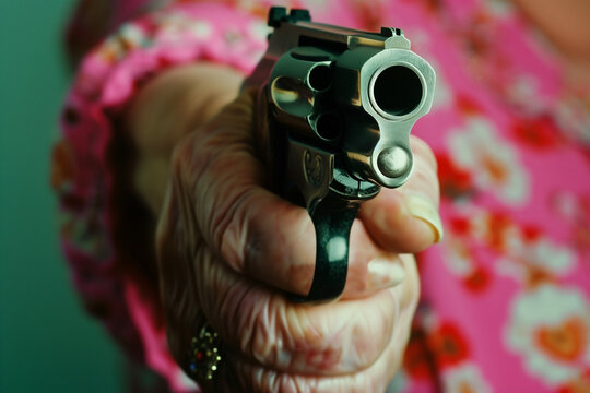 older female hand holding pistol gun close up wearing pink floral granny outfit