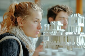 A young female architect deeply engrossed in analyzing architectural models in a modern workspace.