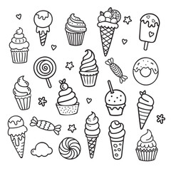 Cute hand drawn doodle ice cream and candy icons set. Vector illustration