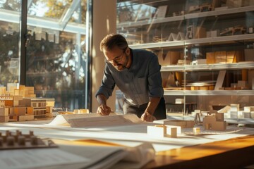 A modern architect meticulously examining a detailed blueprint on a large table, surrounded by architectural models and sketches in a sleek, sunlit office