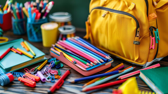 Colorful school supplies, like pens, pencils, and a backpack, are arranged neatly on a table, ready for the first day of school. - Powered by Adobe