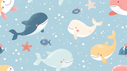 Obraz premium A cute wallpaper with cartoon-style sea creatures such as dolphins, whales, and starfish