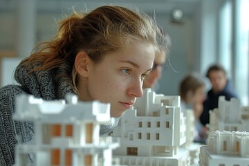 A young female architect deeply engrossed in analyzing architectural models in a modern workspace.