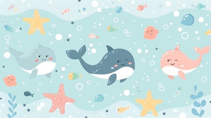 A cute wallpaper with cartoon-style sea creatures such as dolphins, whales, and starfish