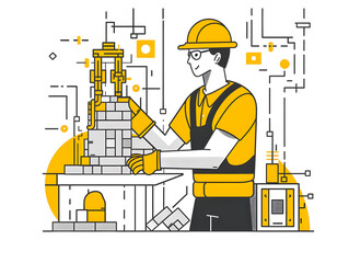 Worker using power tool. Flat design illustration.