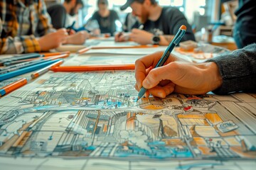 Close-up of a group of artists collaboratively working on detailed cityscape illustrations.