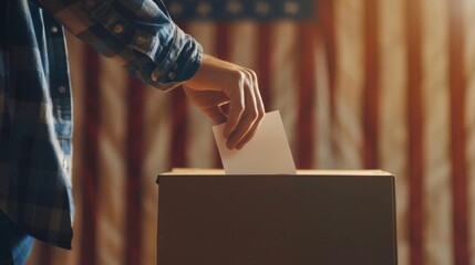 The hand putting vote in ballot box against American flag background. Presidential election in USA