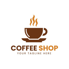 Minimalist Brown and Orange Coffee Cup Logo with Saucer on White Background