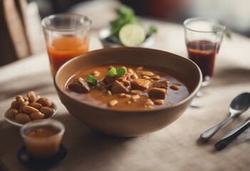 Massaman curry with short ribs and roasted peanuts in a deep bowl with a glass of Thai iced tea in a chic Thai restaurant
