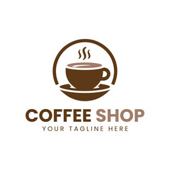 Minimalist Brown and Orange Coffee Cup Logo with Saucer on White Background