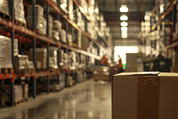 Obraz premium A close-up of a package with a warehouse scene unfolding in the background. The warehouse features high racks filled with neatly arranged items, with employees seen managing inventory and operating