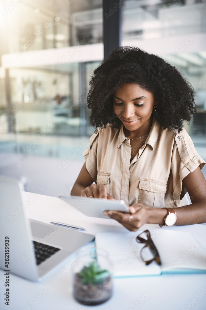 Poster woman, browsing and tablet in office for business, working and planning schedule on digital app. com