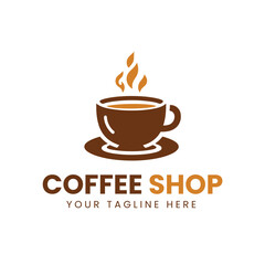 Minimalist Brown and Orange Coffee Cup Logo with Saucer on White Background