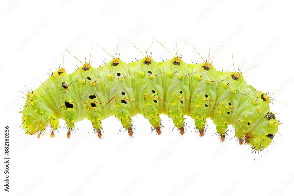 Poster a close-up shot of a caterpillar transforming into a butterfly on a white background