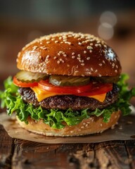 The classic fast food burger fresh lettuce tomato cheese sesame seed bun photo realistic vibrant lighting front shot