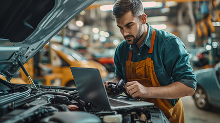 Mechanic running diagnostics on car engine using laptop computer