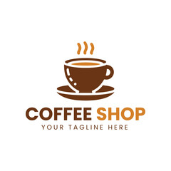 Minimalist Brown and Orange Coffee Cup Logo with Saucer on White Background