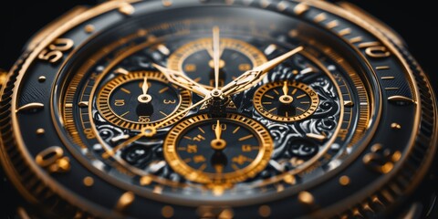 Obraz premium Close-up detailed image of an intricate luxury wristwatch showcasing the complex and delicate inner mechanisms with gold and black elements