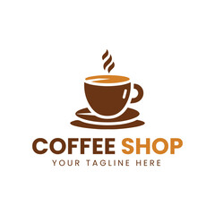 Minimalist Brown and Orange Coffee Cup Logo with Saucer on White Background