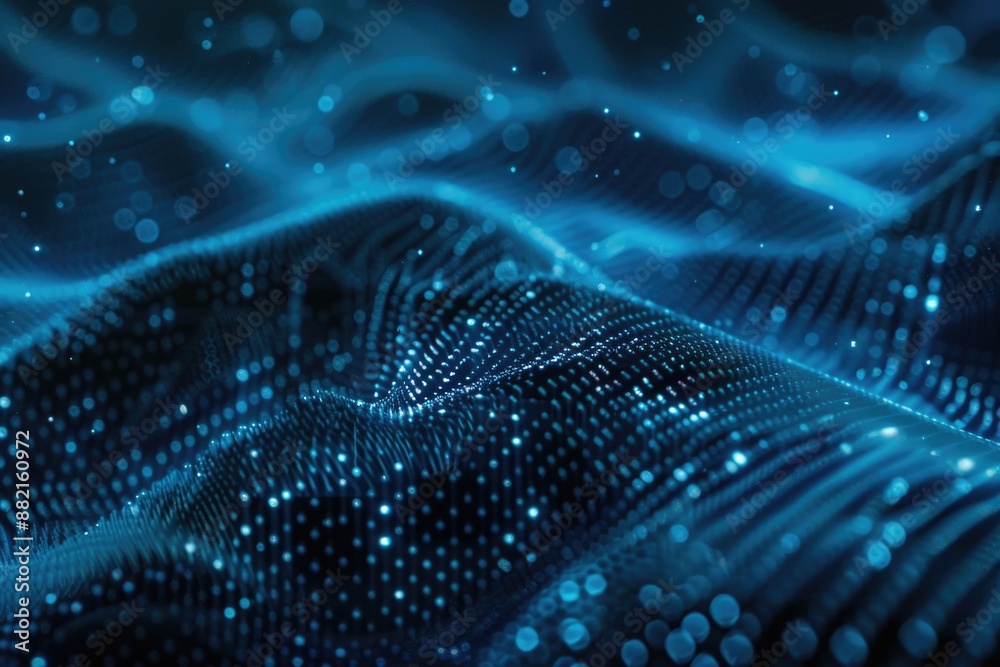 Poster A detailed view of a flowing wave of blue lights, suitable for use in technology or design related contexts