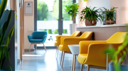 Obraz premium eco-friendly modern hospital waiting room interior design, with colorful armchairs, clean floor, and large windows to let the light from the sun easily brighten the room.