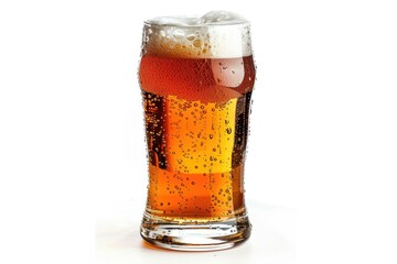 A glass filled with foamy beer on a white background